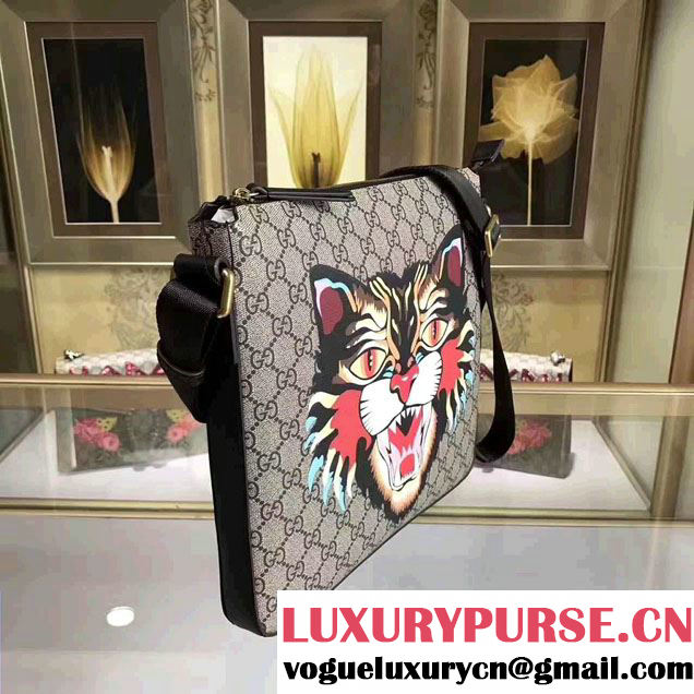 Gucci Angry Cat Print GG Supreme Flat Messenger 473886 2017