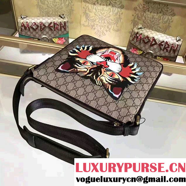 Gucci Angry Cat Print GG Supreme Flat Messenger 473886 2017