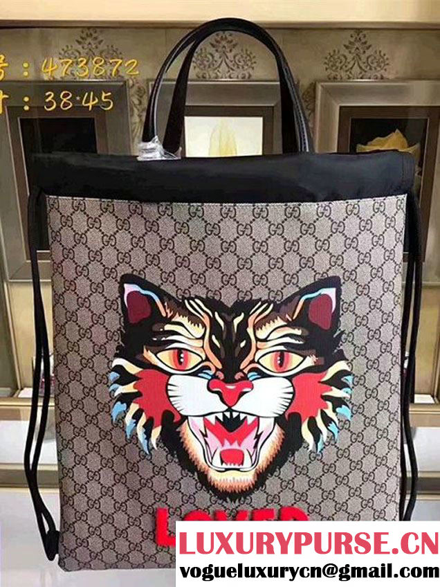 Gucci Angry Cat Print GG Supreme Drawstring Backpack 473872 2017