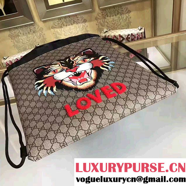 Gucci Angry Cat Print GG Supreme Drawstring Backpack 473872 2017