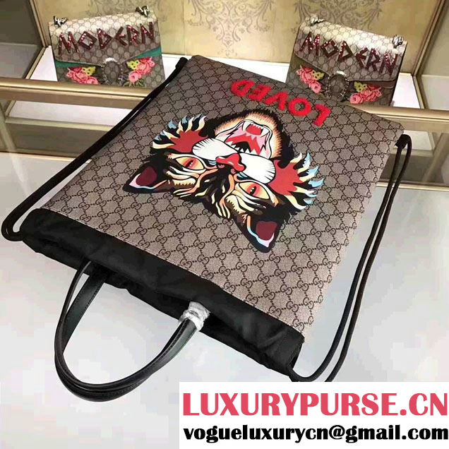 Gucci Angry Cat Print GG Supreme Drawstring Backpack 473872 2017