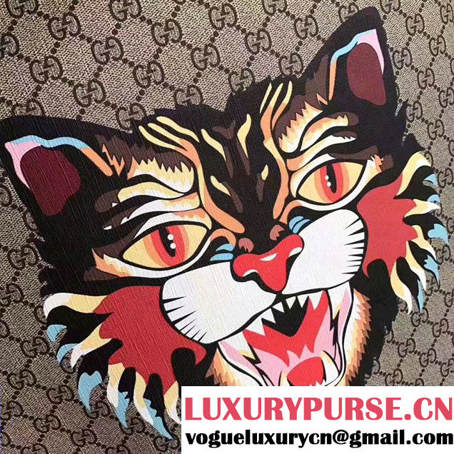 Gucci Angry Cat Print GG Supreme Drawstring Backpack 473872 2017