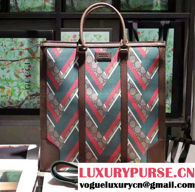 Gucci GG Chevron Print Tote Bag 406387 Green/Red/Green 2016