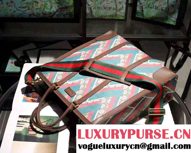 Gucci GG Chevron Print Tote Bag 406387 Green/Red/Green 2016