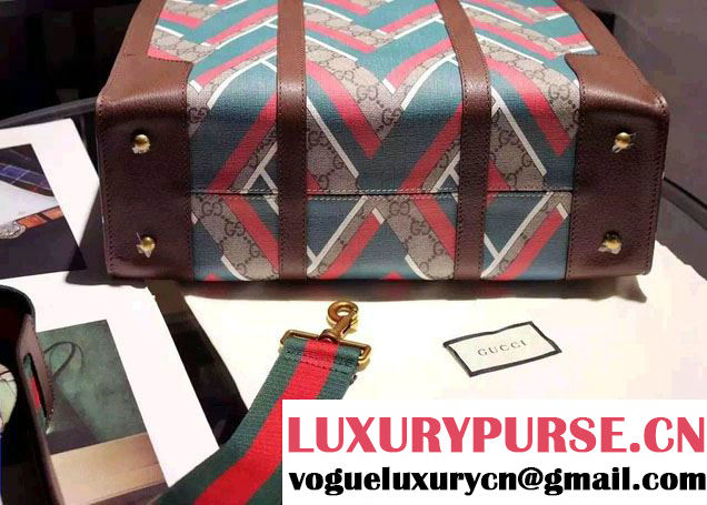 Gucci GG Chevron Print Tote Bag 406387 Green/Red/Green 2016