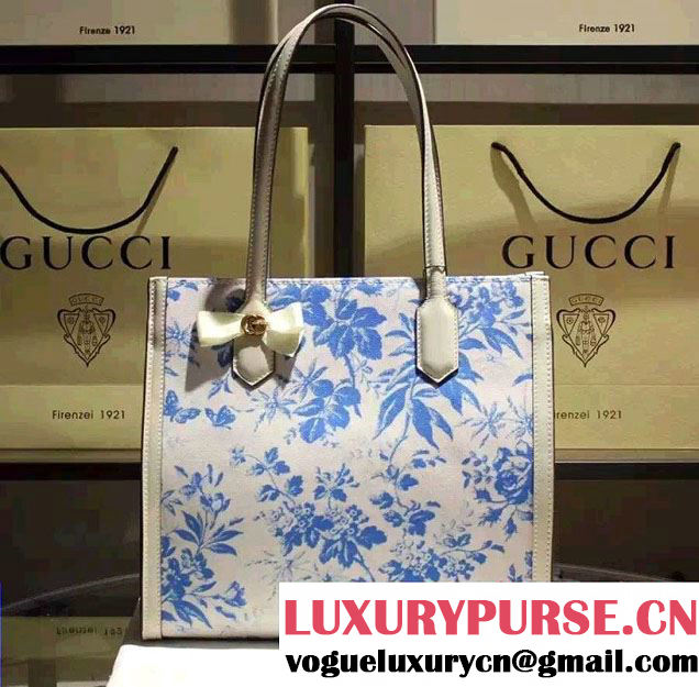 Gucci GG Ribbon Herbarium Medium Tote Bag 432684 White/Blue Japan Limited 2016