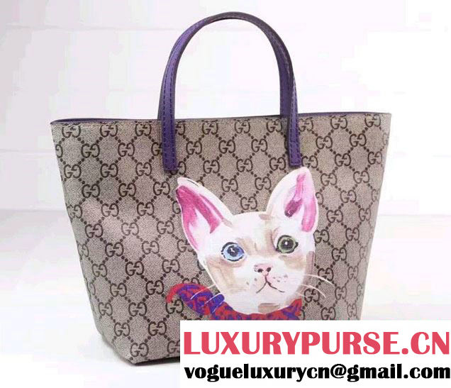 Gucci Children'S GG Supreme Canvas Cat Tote Bag 410812 Purple 2016