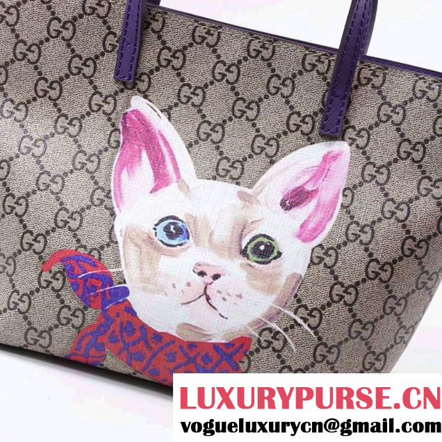 Gucci Children'S GG Supreme Canvas Cat Tote Bag 410812 Purple 2016