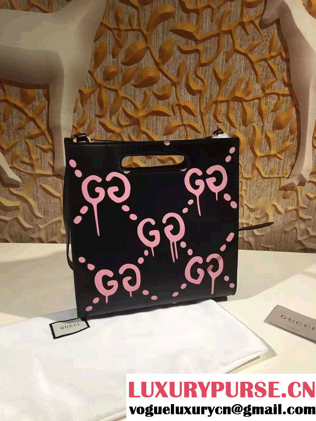 Gucci GucciGhost with Real Leather Tote Small Bag 409380 Black/Pink 2016