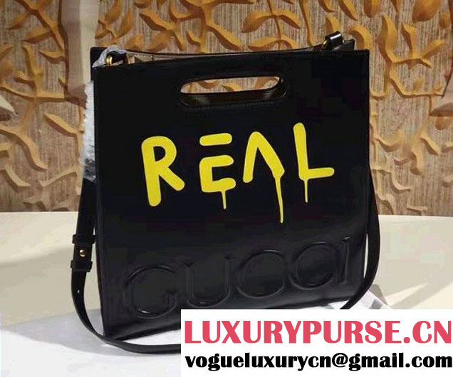 Gucci GucciGhost with Real Leather Tote Small Bag 409380 Black/Yellow 2016