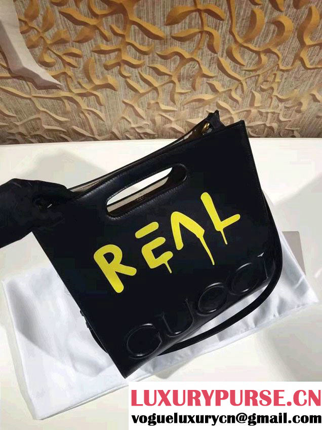 Gucci GucciGhost with Real Leather Tote Small Bag 409380 Black/Yellow 2016