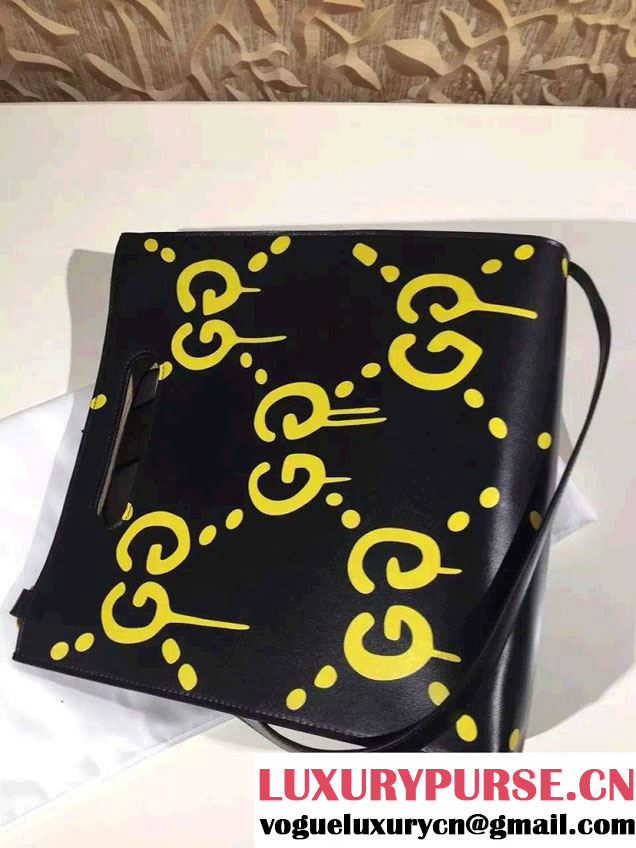 Gucci GucciGhost with Real Leather Tote Small Bag 409380 Black/Yellow 2016