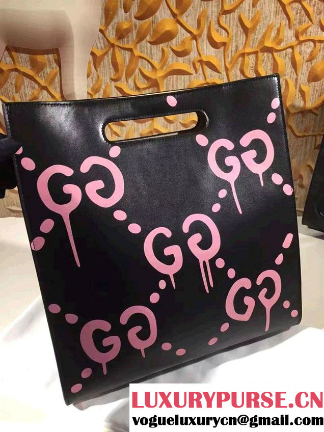 Gucci GucciGhost with Real Leather Tote Medium Bag 414476/409378 Black/Pink 2016