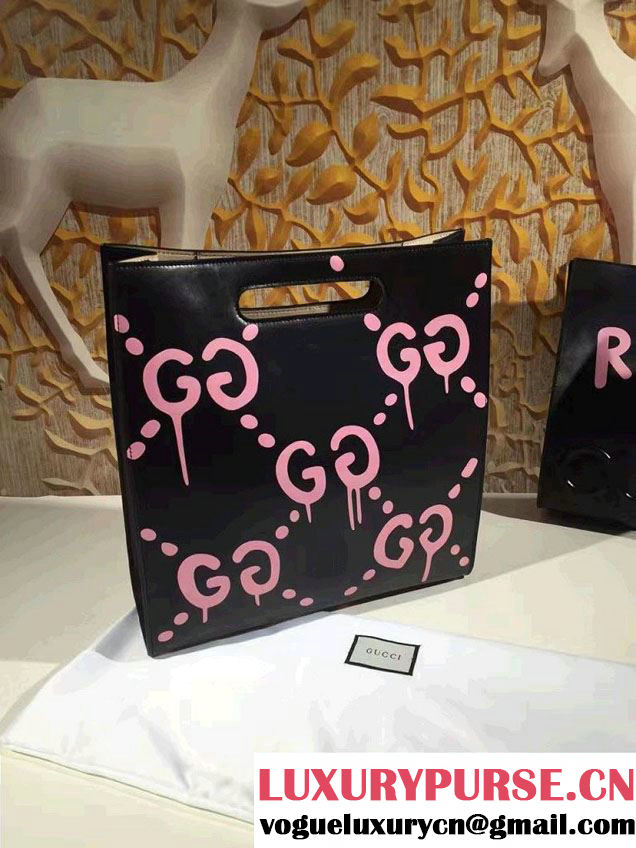 Gucci GucciGhost with Real Leather Tote Medium Bag 414476/409378 Black/Pink 2016