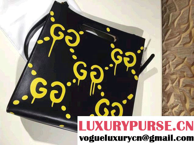 Gucci GucciGhost with Real Leather Tote Medium Bag 414476/409378 Black/Yellow 2016