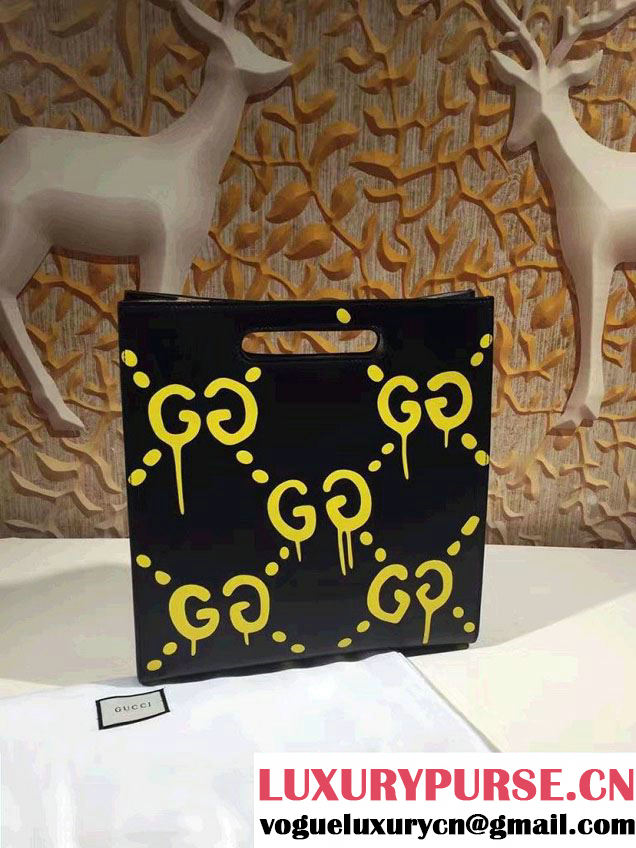 Gucci GucciGhost with Real Leather Tote Medium Bag 414476/409378 Black/Yellow 2016