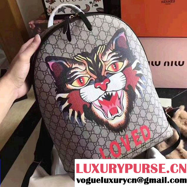 Gucci Angry Cat Print GG Supreme Backpack 419584 2017