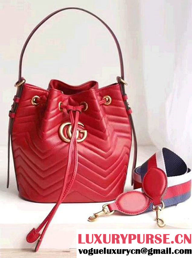 Gucci GG Marmont Quilted Leather Bucket Bag With Sylvie Web Strap 476674 Red 2017