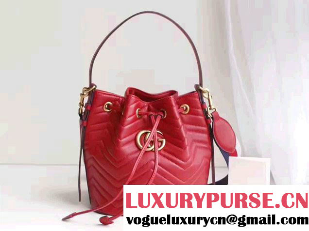 Gucci GG Marmont Quilted Leather Bucket Bag With Sylvie Web Strap 476674 Red 2017