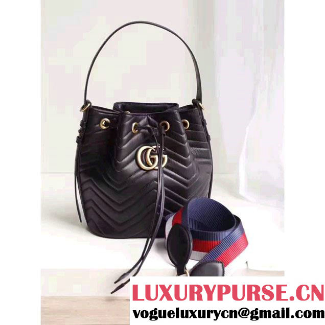 Gucci GG Marmont Quilted Leather Bucket Bag With Sylvie Web Strap 476674 Black 2017