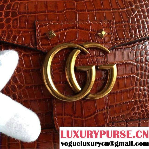 Gucci Croco Pattern GG Marmont Leather Top Handle Bag 421890 Brown 2016