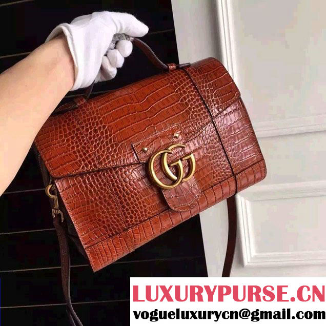 Gucci Croco Pattern GG Marmont Leather Top Handle Bag 421890 Brown 2016