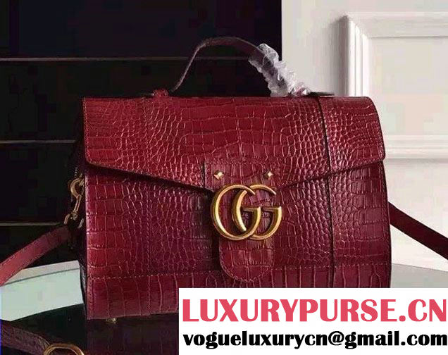 Gucci Croco Pattern GG Marmont Leather Top Handle Bag 421890 Red 2016