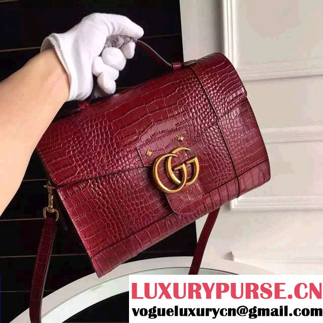 Gucci Croco Pattern GG Marmont Leather Top Handle Bag 421890 Red 2016