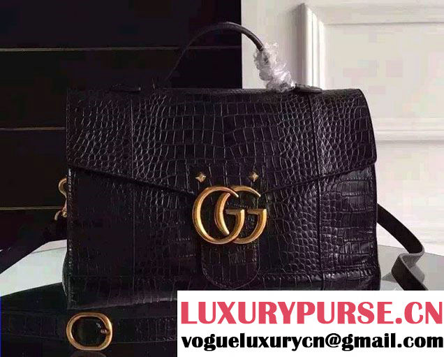 Gucci Croco Pattern GG Marmont Leather Top Handle Bag 421890 Black 2016