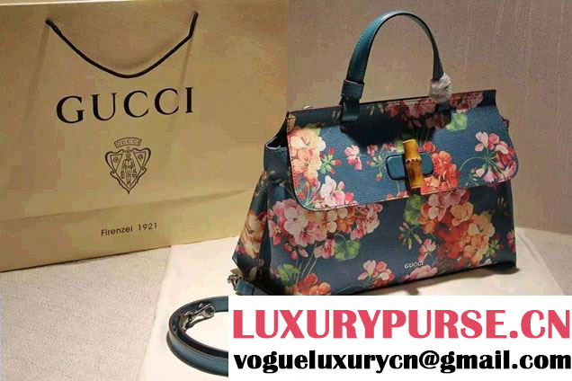 Gucci Bamboo Daily Blooms Print Top Handle Bag 392013 Blue 2016