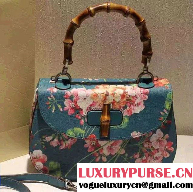 Gucci Bamboo Classic Blooms Print Top Handle Bag 409398 Blue 2016