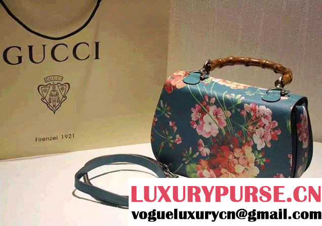 Gucci Bamboo Classic Blooms Print Top Handle Bag 409398 Blue 2016