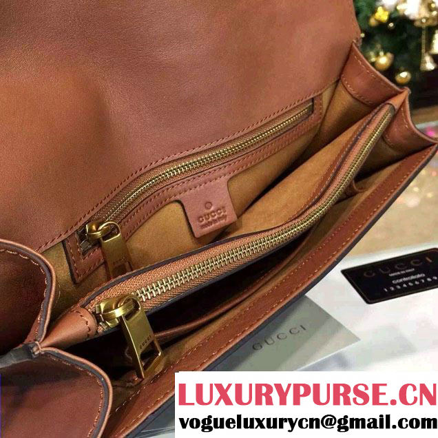 Gucci Embroidered Cat Lock Leather Top Handle Bag 421998 Brown 2016