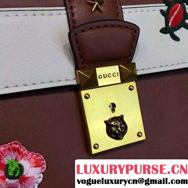 Gucci Embroidered Cat Lock Leather Top Handle Bag 421998 Brown 2016