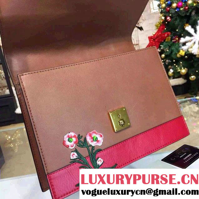 Gucci Embroidered Cat Lock Leather Top Handle Bag 421998 Brown 2016