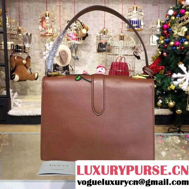 Gucci Embroidered Cat Lock Leather Top Handle Bag 421998 Brown 2016