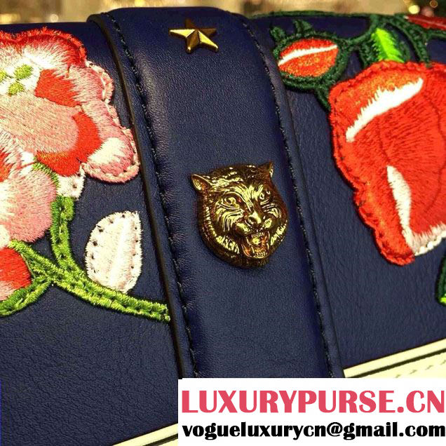 Gucci Embroidered Cat Lock Leather Top Handle Bag 421998 Blue 2016