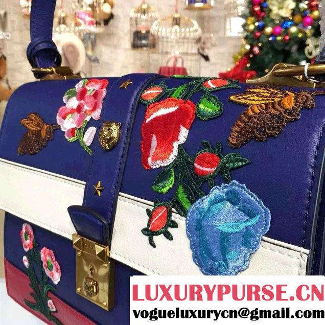 Gucci Embroidered Cat Lock Leather Top Handle Bag 421998 Blue 2016