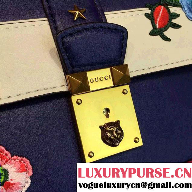 Gucci Embroidered Cat Lock Leather Top Handle Bag 421998 Blue 2016
