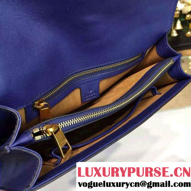 Gucci Embroidered Cat Lock Leather Top Handle Bag 421998 Blue 2016