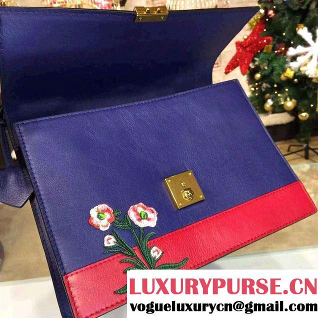 Gucci Embroidered Cat Lock Leather Top Handle Bag 421998 Blue 2016