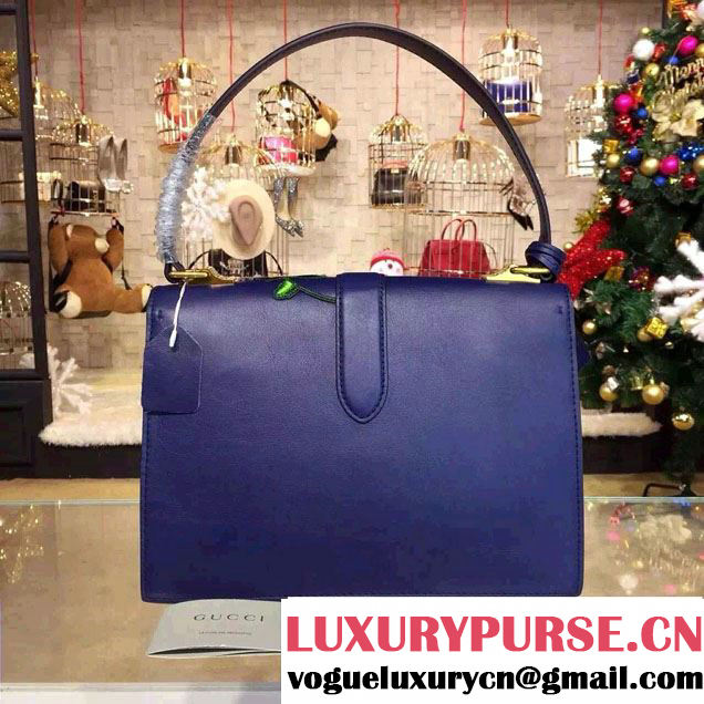 Gucci Embroidered Cat Lock Leather Top Handle Bag 421998 Blue 2016