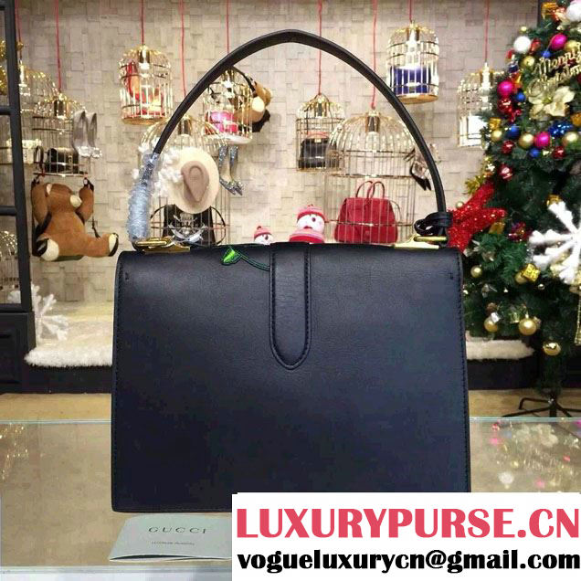 Gucci Embroidered Cat Lock Leather Top Handle Bag 421998 Black 2016