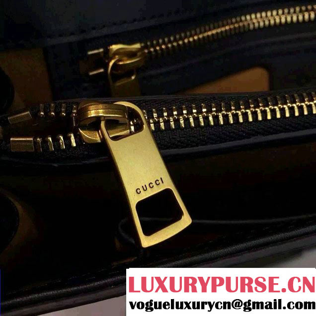 Gucci Embroidered Cat Lock Leather Top Handle Bag 421998 Black 2016