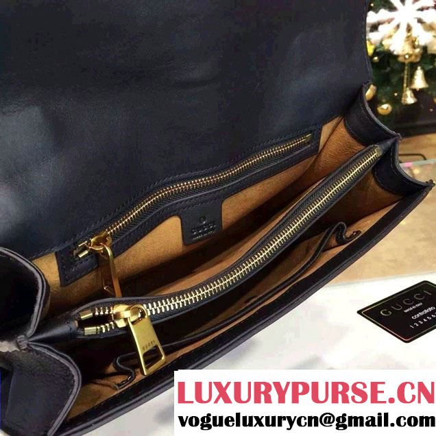 Gucci Embroidered Cat Lock Leather Top Handle Bag 421998 Black 2016