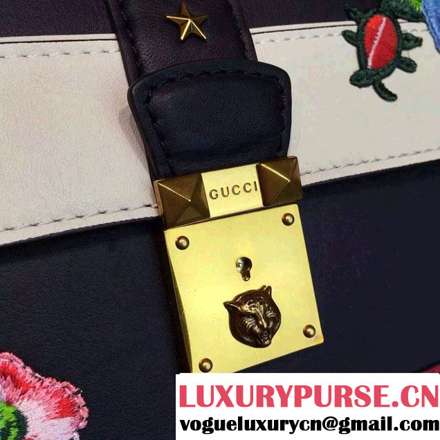 Gucci Embroidered Cat Lock Leather Top Handle Bag 421998 Black 2016