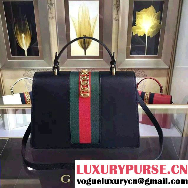 Gucci Sylvie Leather Top Handle Medium Bag 431665 Black 2016