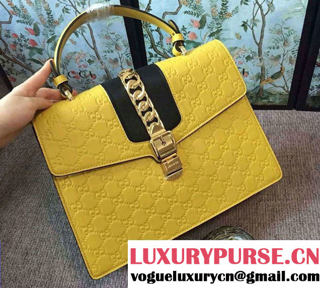 Gucci Sylvie Leather Signature Top Handle Medium Bag 431665 Yellow 2016