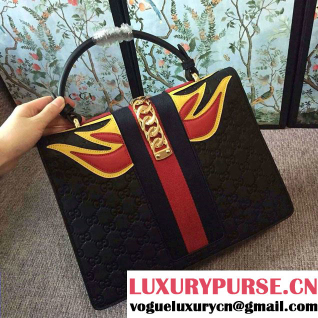 Gucci Sylvie Leather Signature Top Handle Medium Bag 431665 Black 2016