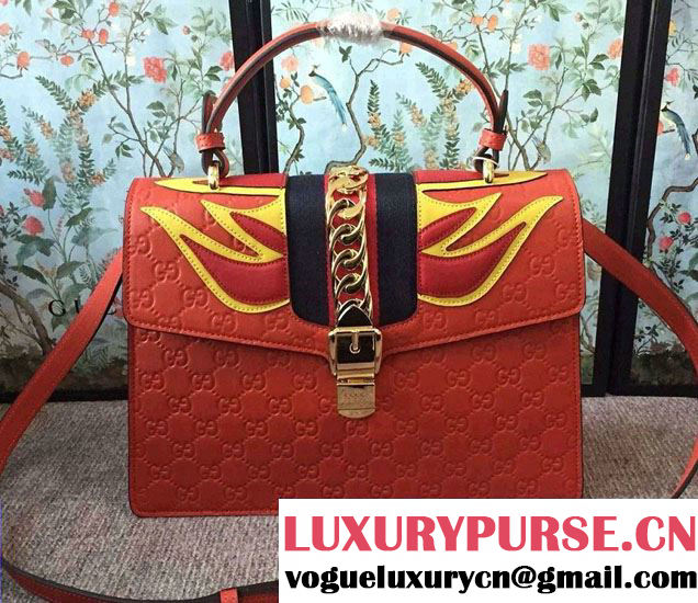 Gucci Sylvie Leather Signature Top Handle Medium Bag 431665 Red 2016